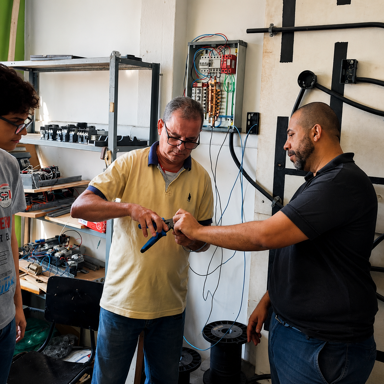 Aula prática de elétrica em curso profissionalizante da HERTZ