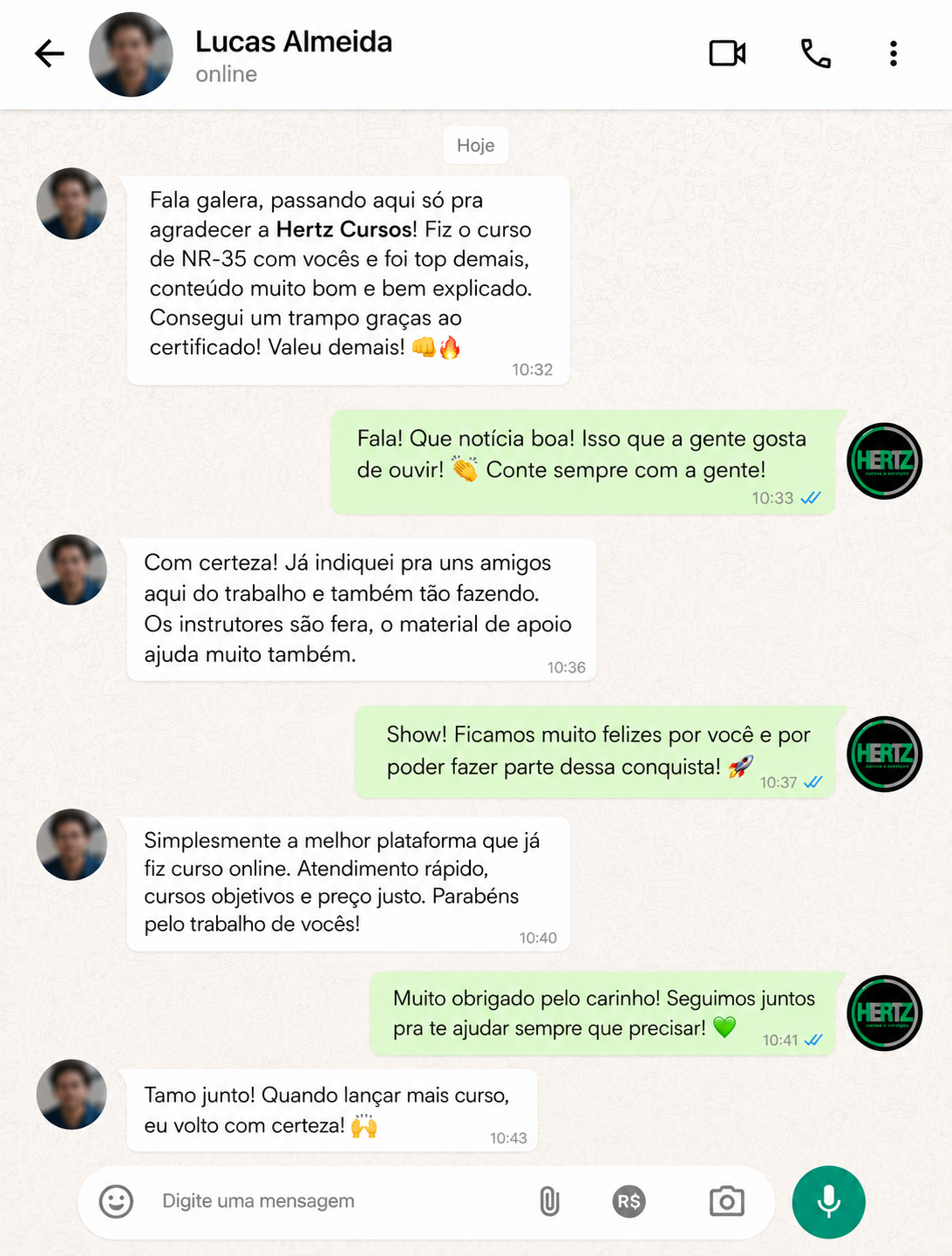 Print de depoimento recebido pelo WhatsApp sobre a HERTZ Cursos