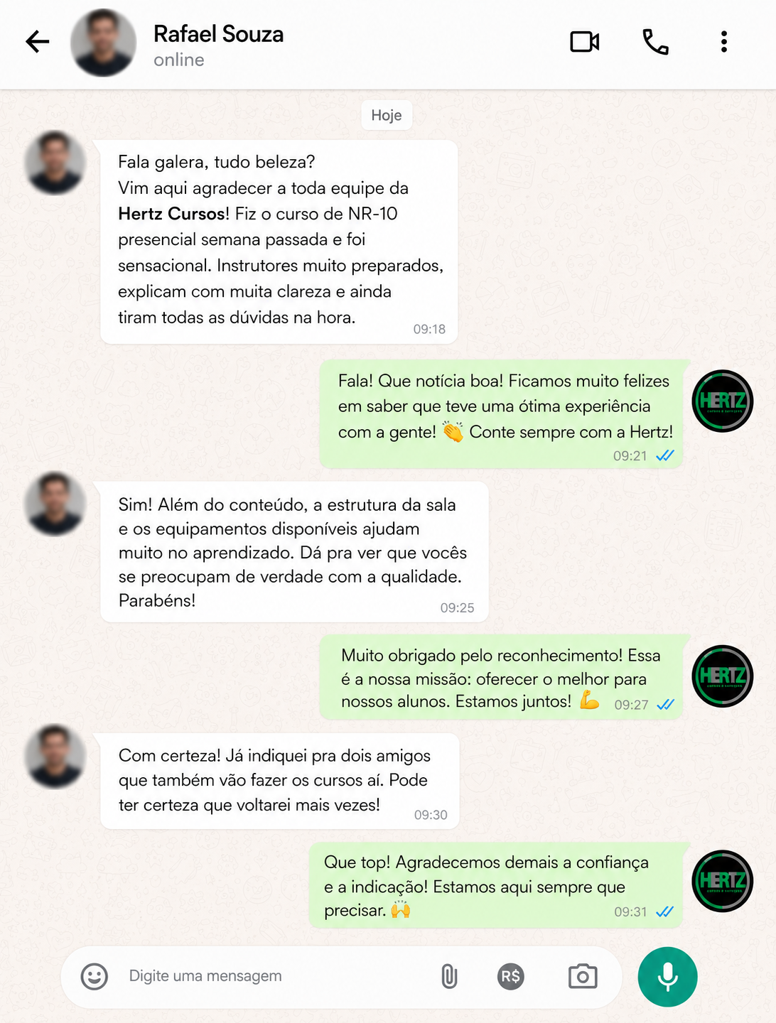 Print de conversa de aluno com feedback sobre curso da HERTZ