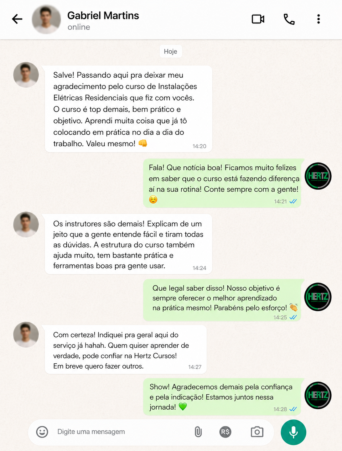 Print de depoimento de cliente ou aluno da HERTZ pelo WhatsApp